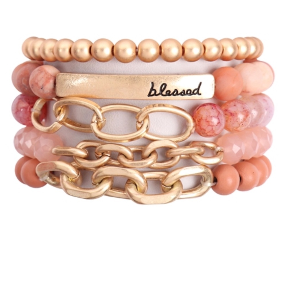 NWT Precious Pale Pink Blessed Muliline Beaded Bracelet with Gold Tone Accents!